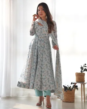 Sky Color Chiffon Floral Anarkali Pant Suit With Dupatta