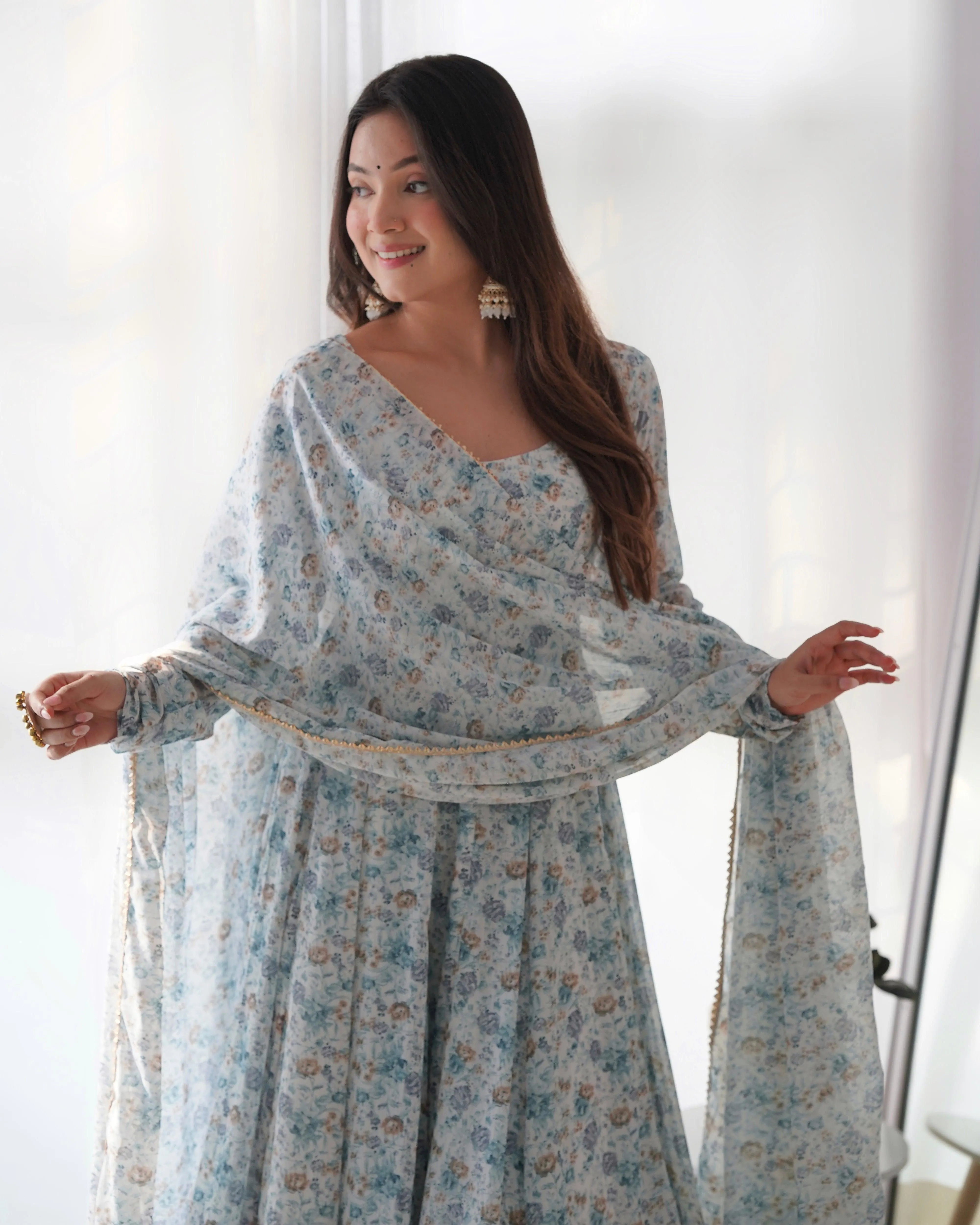 Sky Color Chiffon Floral Anarkali Pant Suit With Dupatta