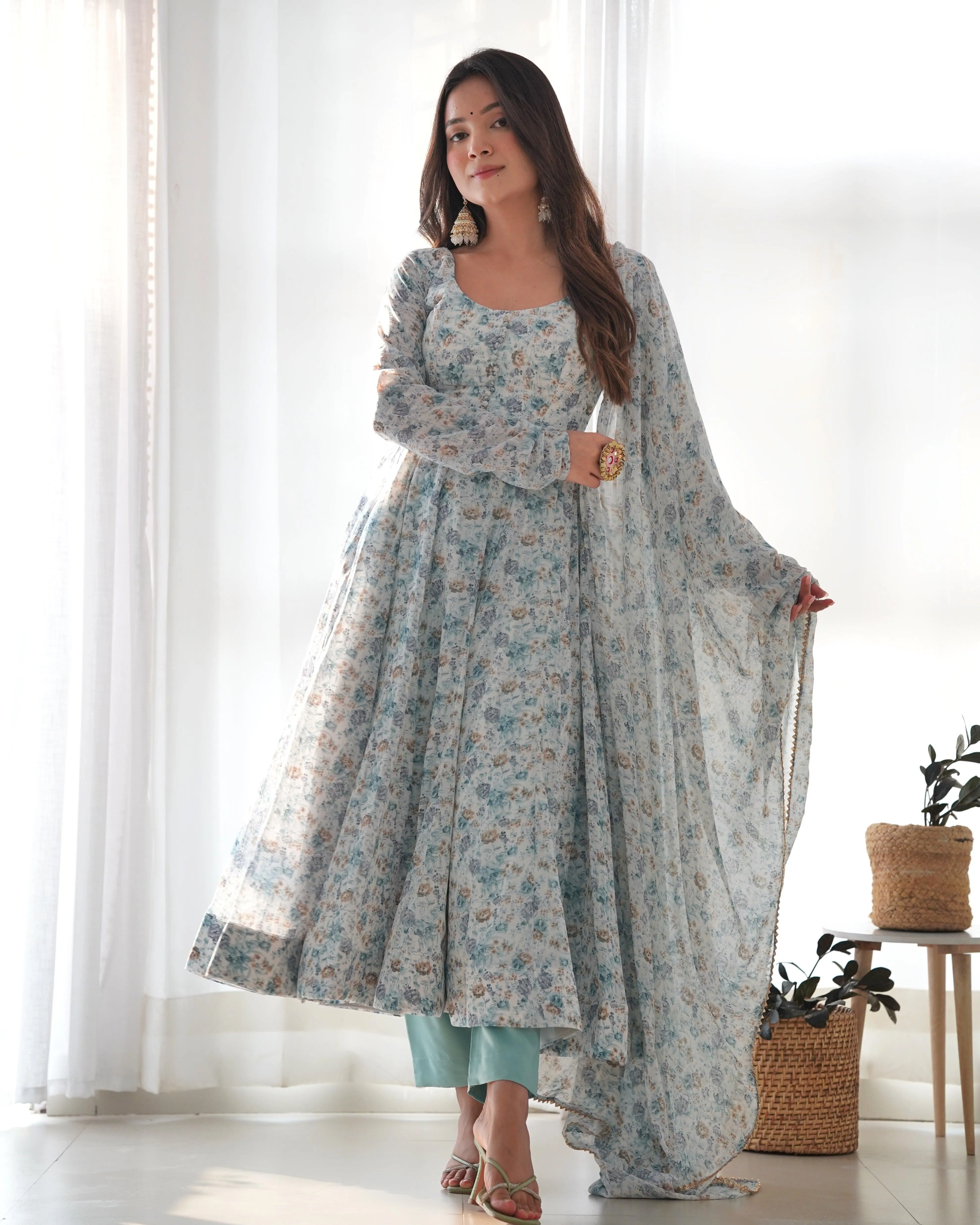 Sky Color Chiffon Floral Anarkali Pant Suit With Dupatta