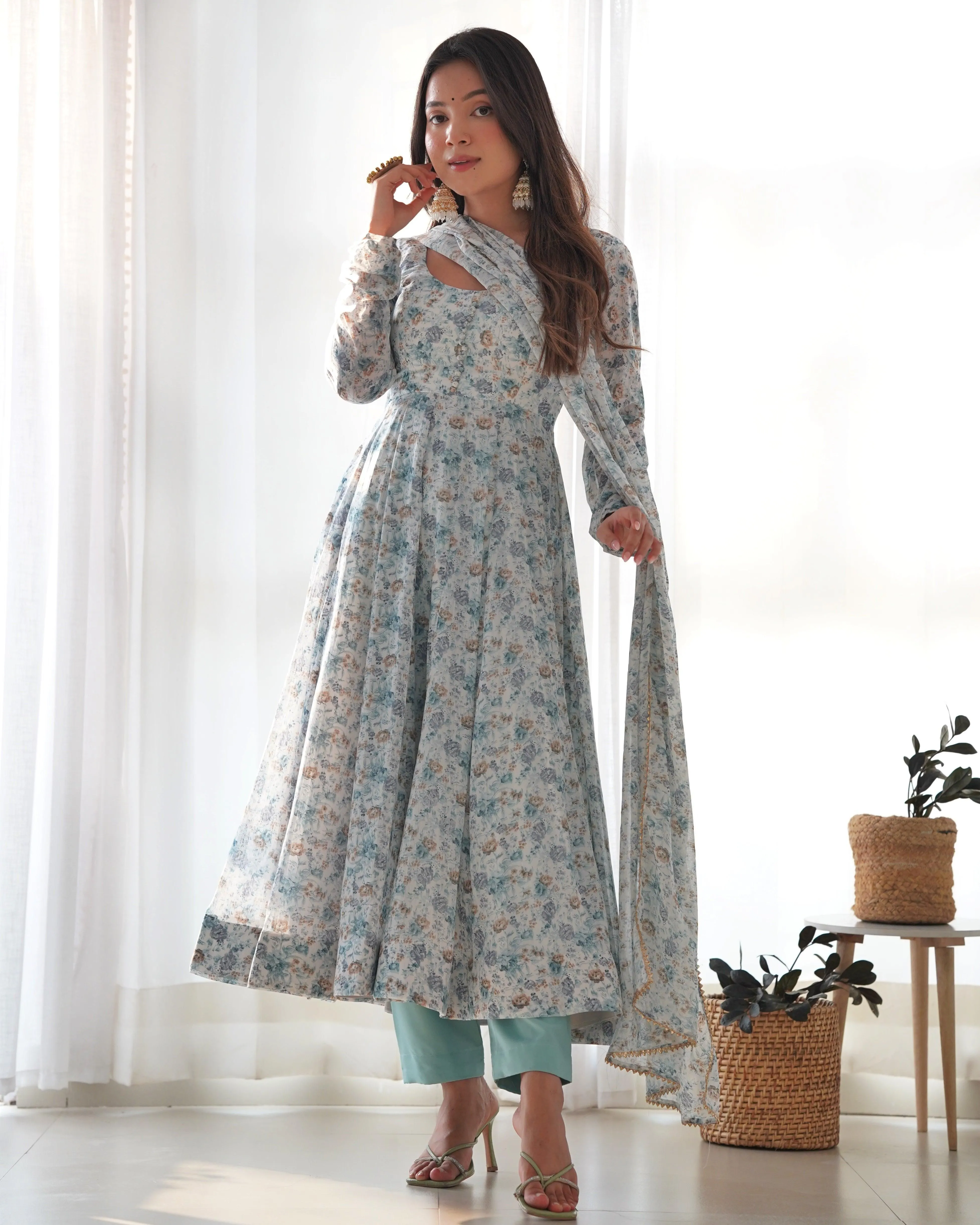 Sky Color Chiffon Floral Anarkali Pant Suit With Dupatta