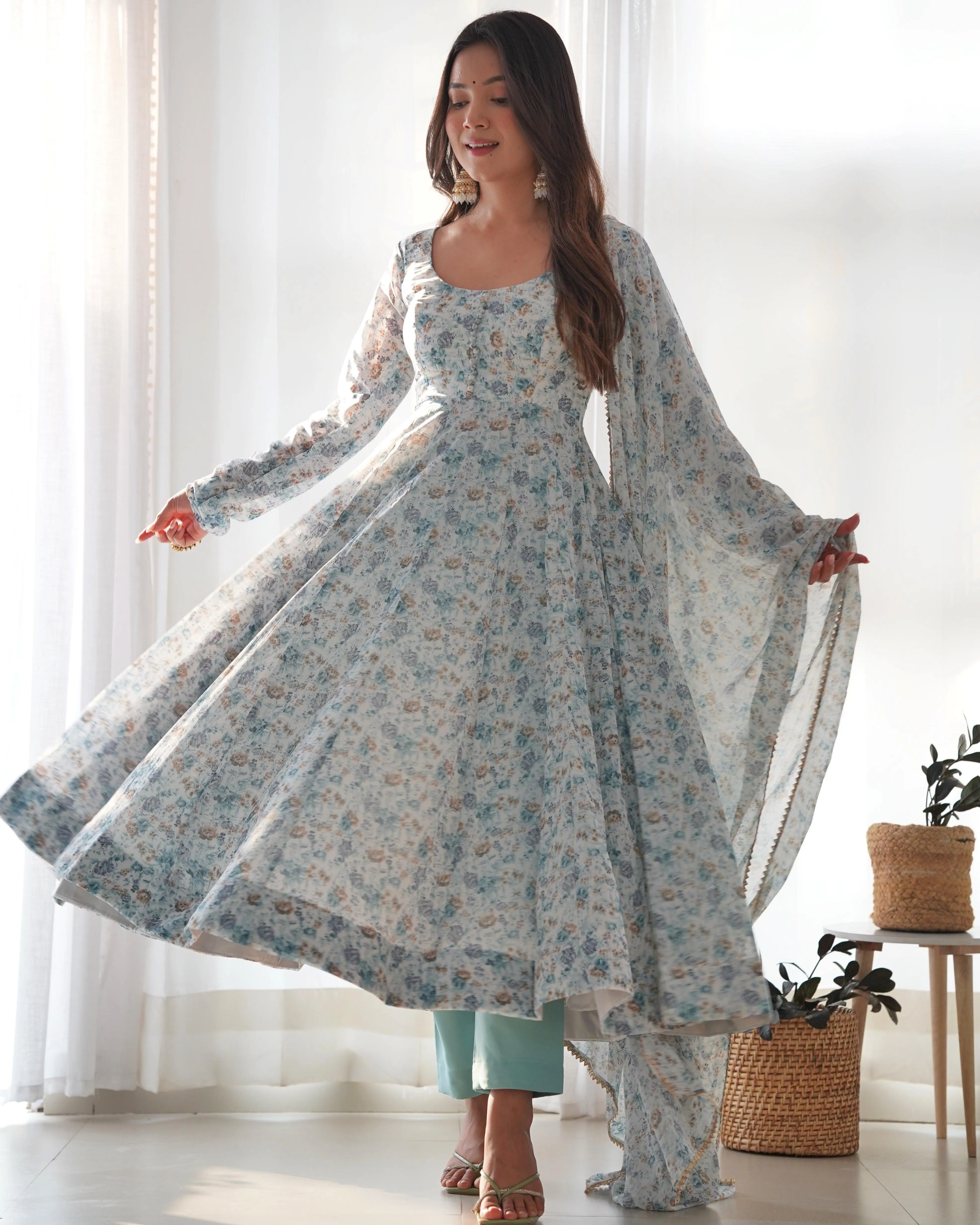 Sky Color Chiffon Floral Anarkali Pant Suit With Dupatta