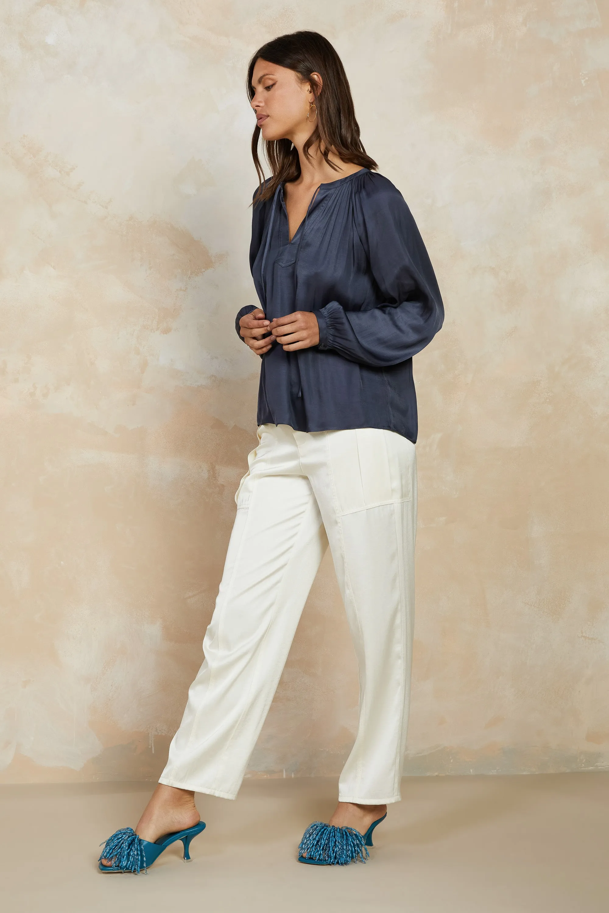 Split Neck Long Sleeve Top