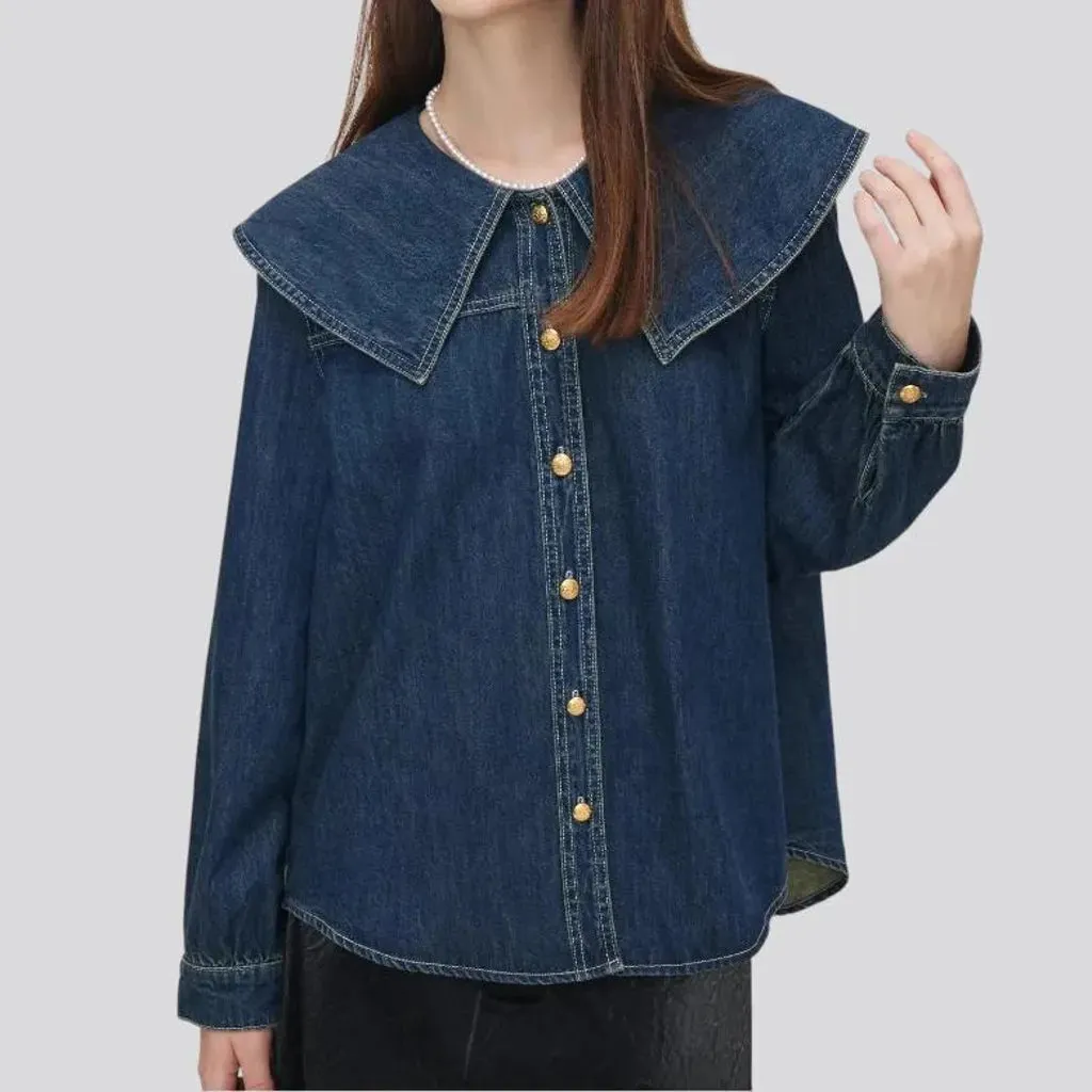 Trendy wide collar oversized women's jeans shirt