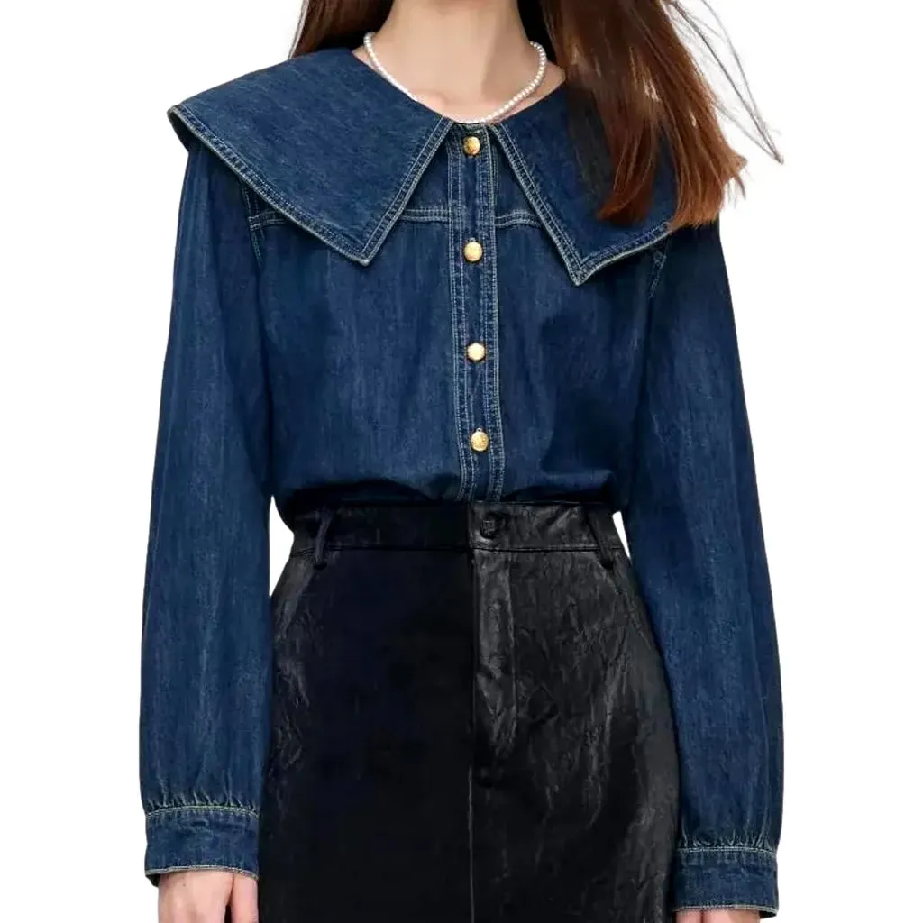 Trendy wide collar oversized women's jeans shirt