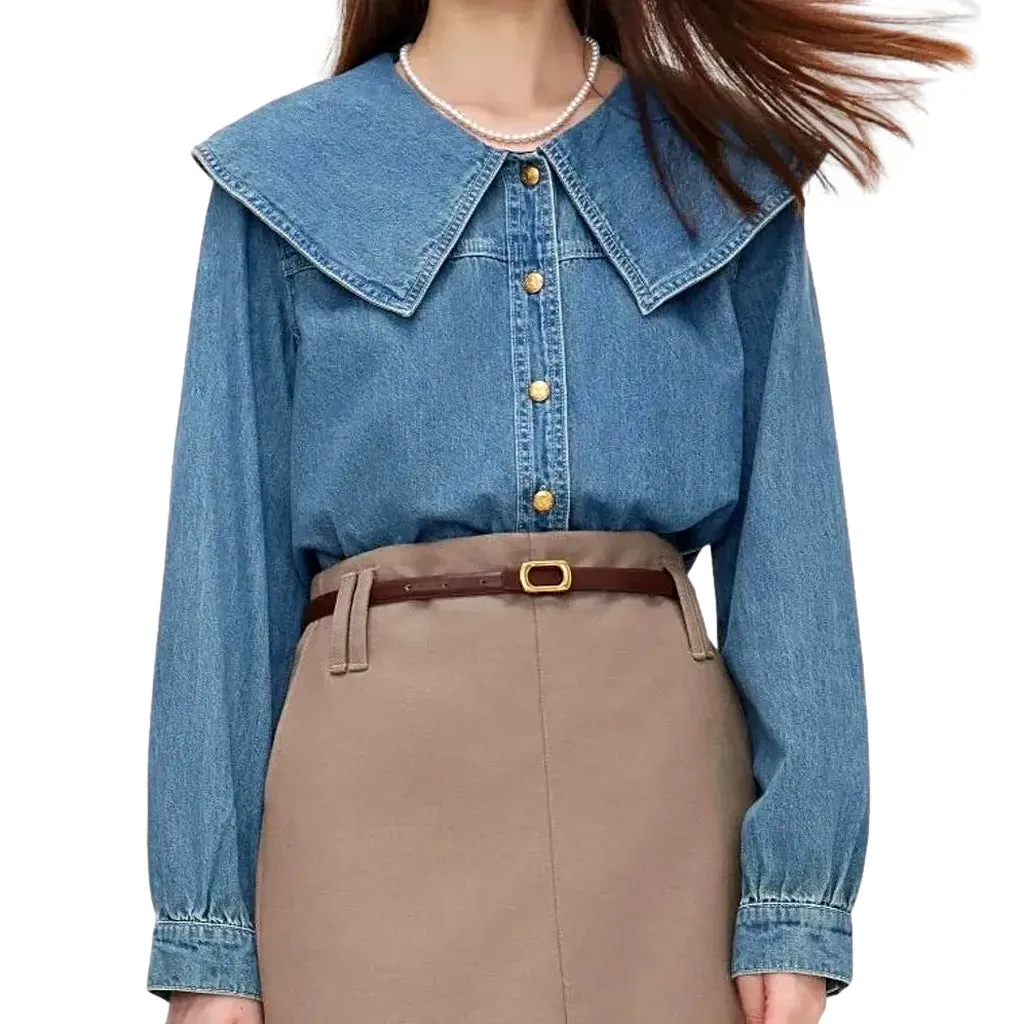 Trendy wide collar oversized women's jeans shirt