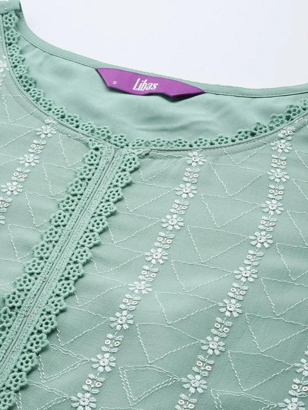 Turquoise Blue Embroidered Georgette Straight Kurta With Trousers & Dupatta