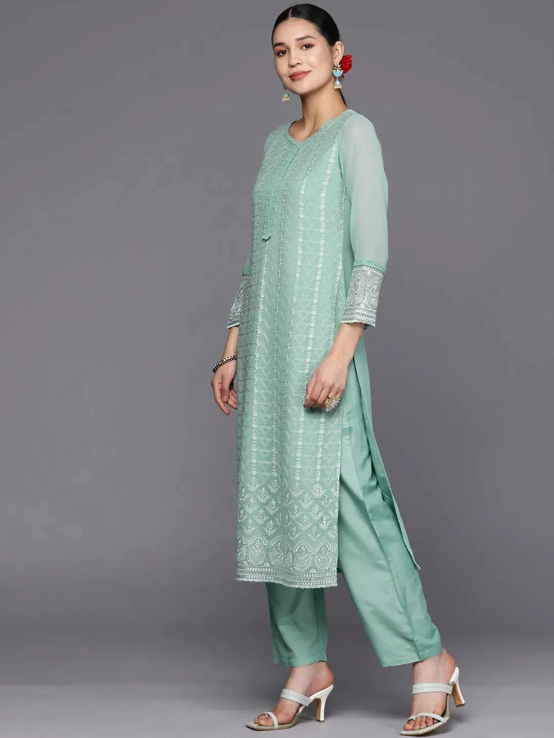 Turquoise Blue Embroidered Georgette Straight Kurta With Trousers & Dupatta