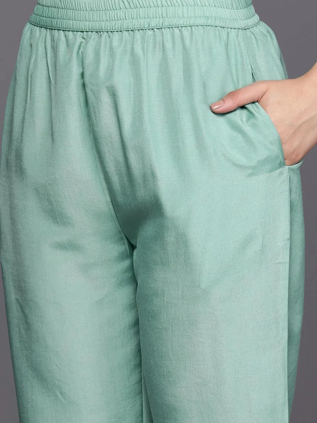 Turquoise Blue Embroidered Georgette Straight Kurta With Trousers & Dupatta