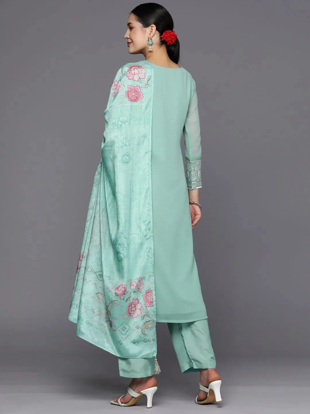 Turquoise Blue Embroidered Georgette Straight Kurta With Trousers & Dupatta