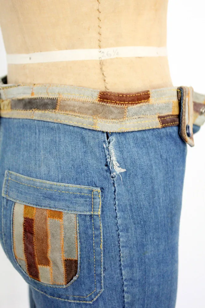 vintage 70s Laura denim jeans with leather, 28 x 32