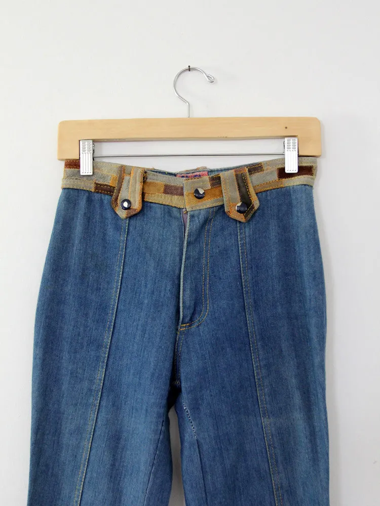 vintage 70s Laura denim jeans with leather, 28 x 32