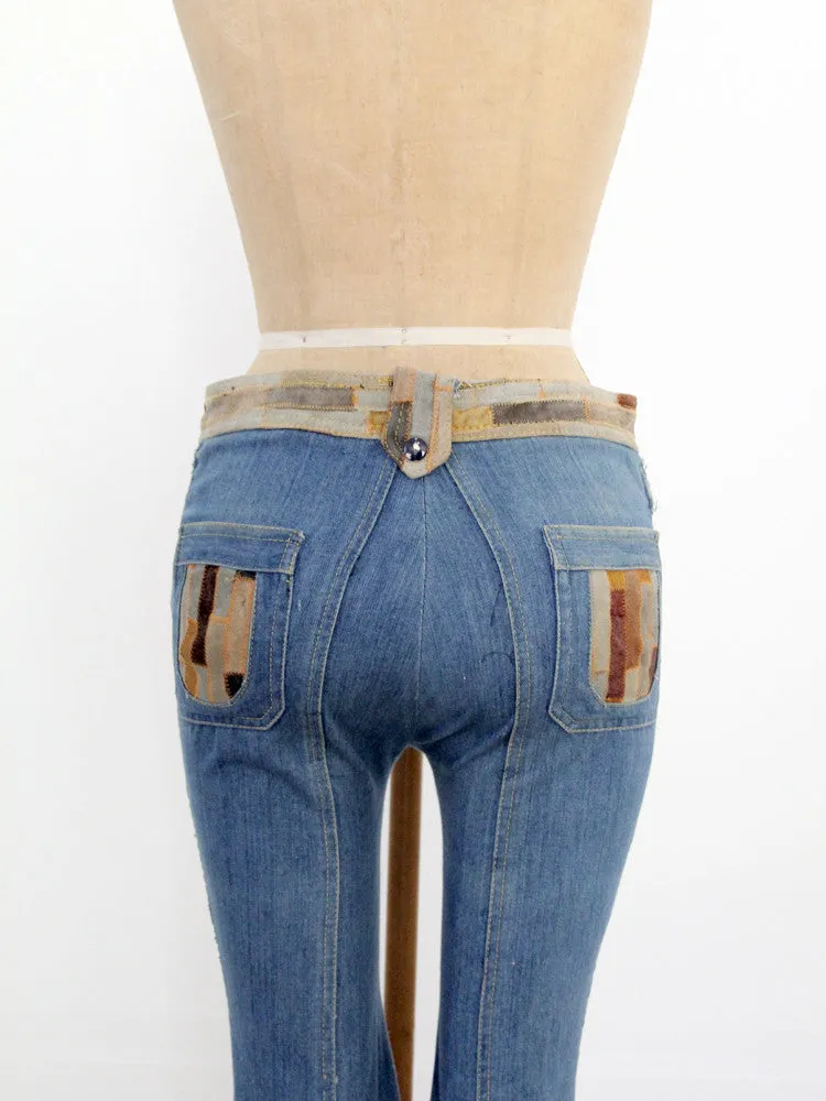 vintage 70s Laura denim jeans with leather, 28 x 32