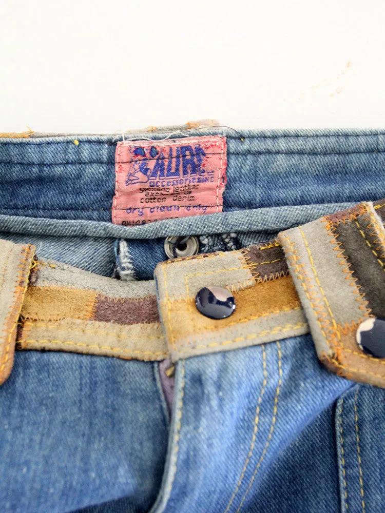vintage 70s Laura denim jeans with leather, 28 x 32