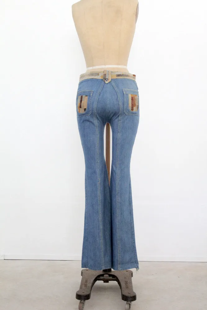 vintage 70s Laura denim jeans with leather, 28 x 32