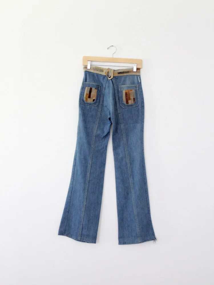 vintage 70s Laura denim jeans with leather, 28 x 32