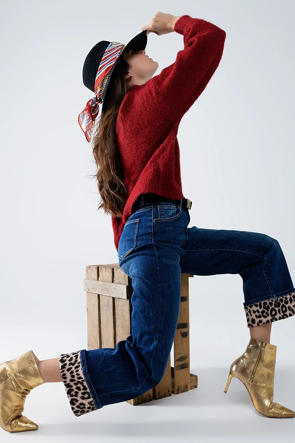 Wide Leg Leopard Cuff Jeans