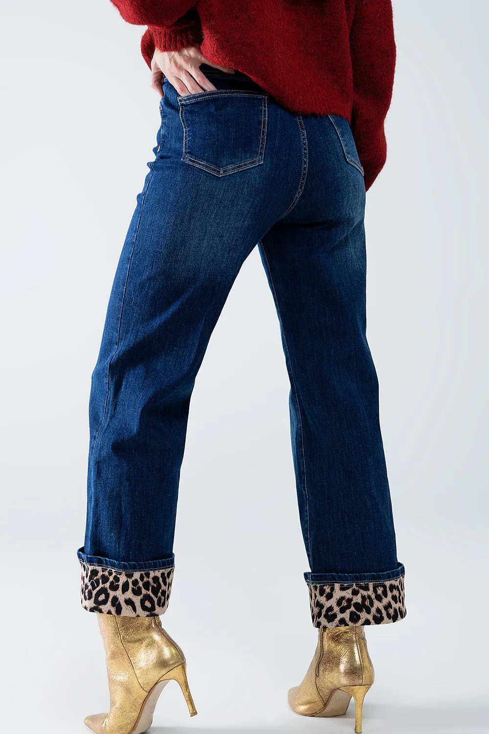 Wide Leg Leopard Cuff Jeans