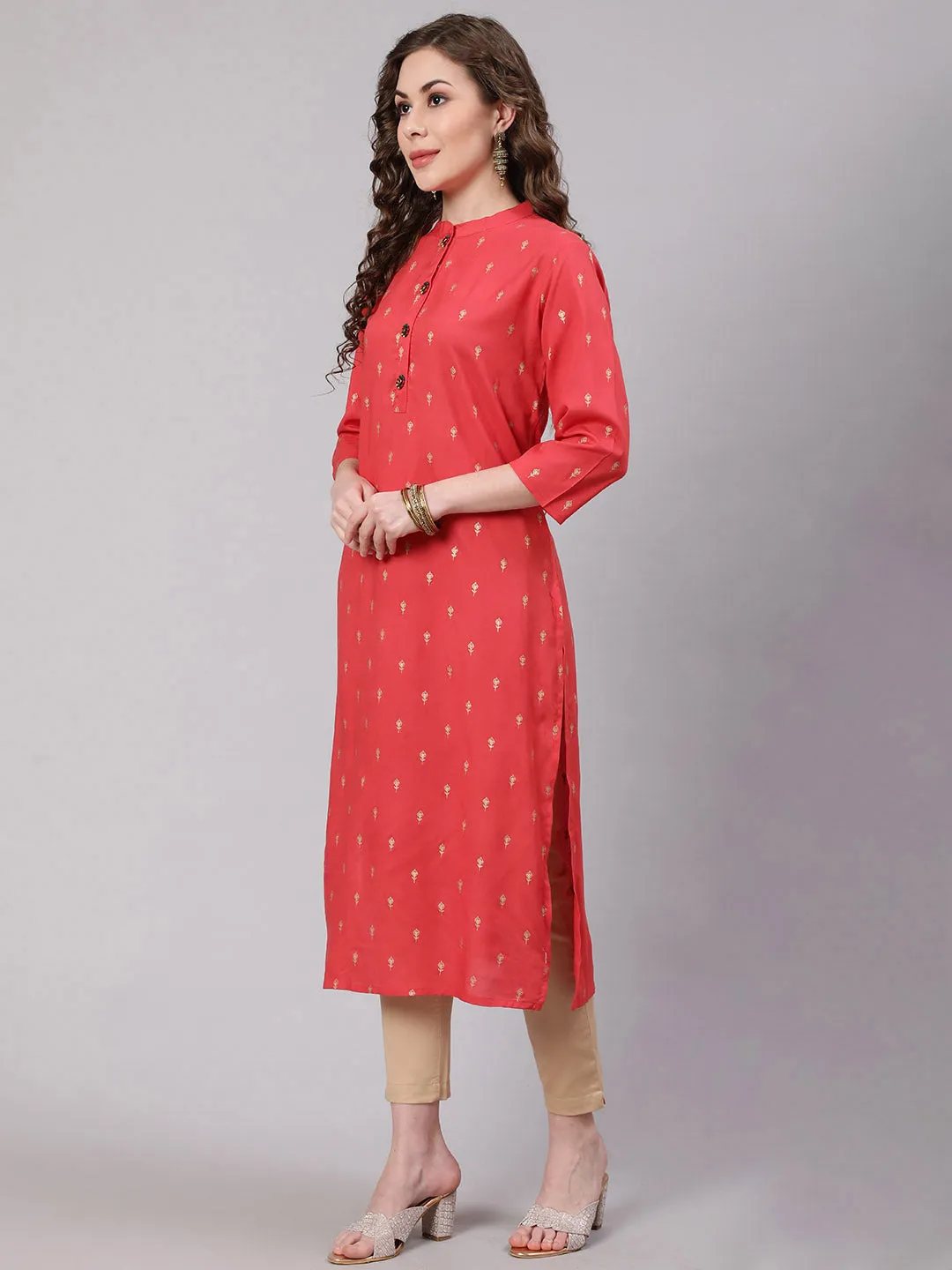 Women Peach Rayon Straight Kurta