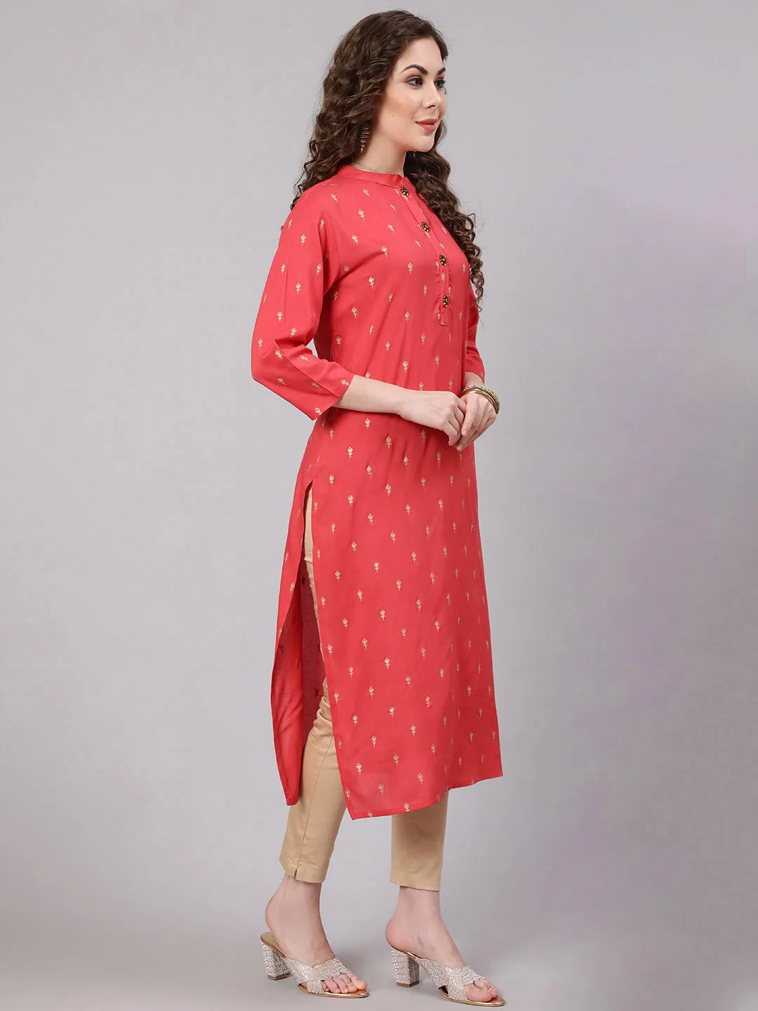 Women Peach Rayon Straight Kurta