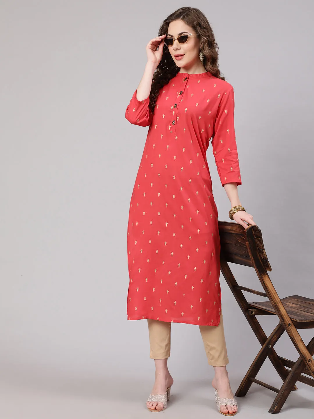 Women Peach Rayon Straight Kurta