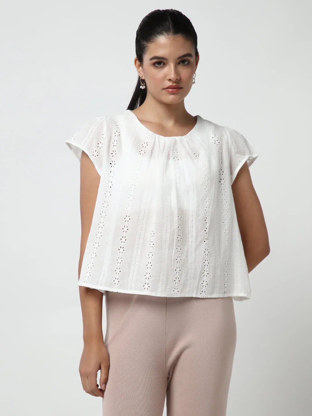 Women White Solid Schiffli Top
