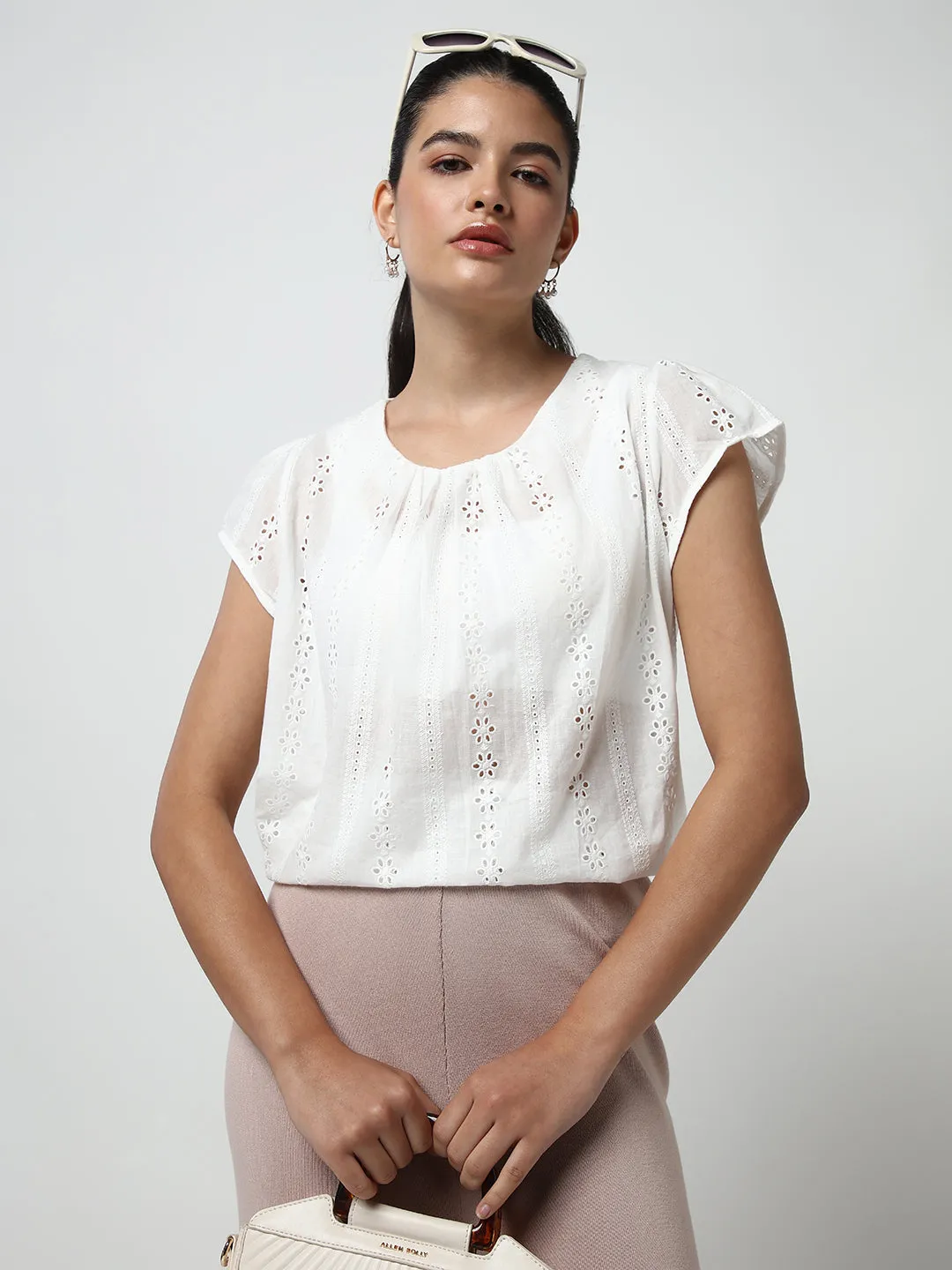 Women White Solid Schiffli Top