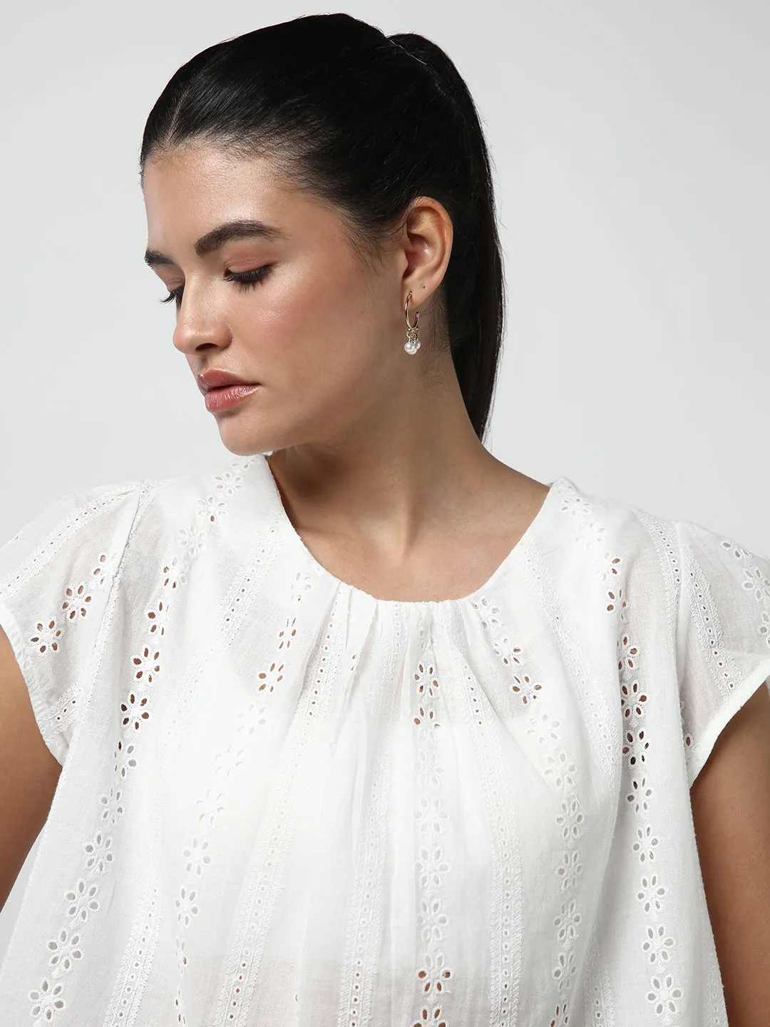 Women White Solid Schiffli Top
